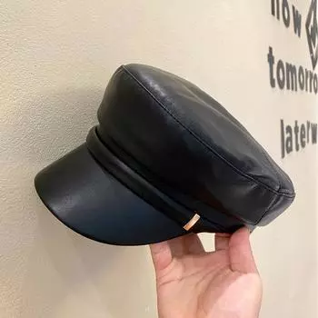 Интернет знаменитость уличная фотография ретро кепка для улучшения общего соответствия ветровой pu кожа газетчик шляпа океан шляпа осень и зима берет женский M56-58cm чёрный