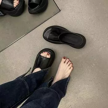 Интернет-знаменитость взрыв круглой головы на высоком каблуке одно слово перетащить женская одежда 2024 лето новые усиливающие нескользящие супер мягкие классные тапочки 35 чёрный
