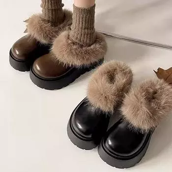 Интернет-знаменитость взрыв пушистые зимние ботинки на толстой подошве женские зимние новые ленивые однопедальные утолщенные теплые хлопковые ботинки 2024 года 35