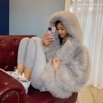 Интернет знаменитость жареная уличная тока искусственный мех лисы пальто женское короткое, зимнее новое с капюшоном свободный ленивый стиль S розовый