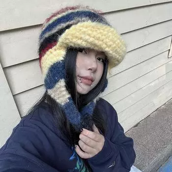 Интернет знаменитость зимняя жареная уличная полосатая мохеровая вязаная шапка с ушками женская теплая шерстяная шапка холодная летающая шапка Lei Feng мужская M56-58cm