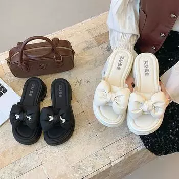 Интернет знаменитости бант высокие каблуки тапочки женская летняя одежда 2025 новые нескользящие босоножки с толстой подошвой 35 чёрный