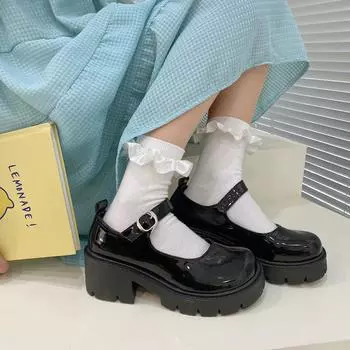Интернет-знаменитости Британские маленькие кожаные туфли Женские туфли Мэри Джейн на платформе Туфли на одной пуговице Высокие каблуки Тонкие туфли Лолита Студенческая Jk Uniform Shoes 35
