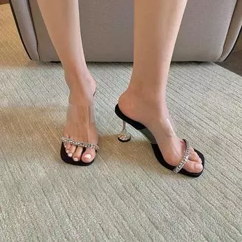 Интернет знаменитости фея ветер стразы прозрачный ремешок слова высокие каблуки 2024 лето новые знаменитости крутые тапочки мягкая подошва женская обувь 35