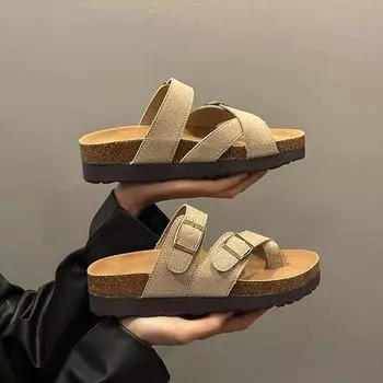 Интернет знаменитости ins стиль универсальные толстые высокие тапочки женская летняя одежда 2025 новые пляжные премиум классные тапочки 35 бежевый