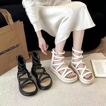 Интернет знаменитости крест римские сандалии женская летняя одежда 2025 новая универсальная супер пожарная платформа повседневная пляжная обувь для моря 35 чёрный