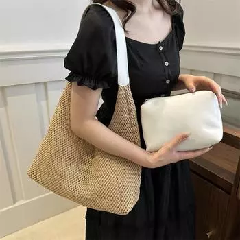 Интернет знаменитости лето новый ретро тоут женская сумка плетеная соломенная простая сумка большая вместимость сумка для матери и ребенка через плечо чёрный