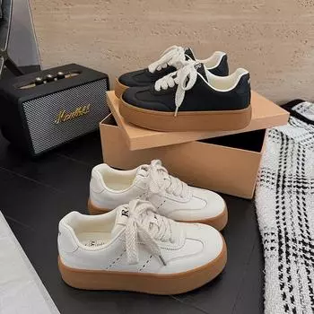 Интернет-знаменитости модные маленькие белые туфли женские 2025 новые манго голова кекс толстая подошва усиливающая хлеб повседневная обувь для доски 35 чёрный