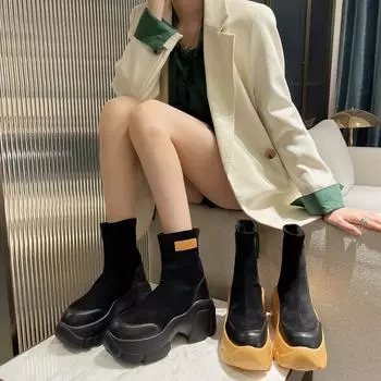 Интернет Знаменитости Носки Сапоги Женские Популярные Осень Зима Маффин Толстая Подошва Модные Средней Трубы Одиночные Сапоги Повседневные Голые Сапоги 34 чёрный