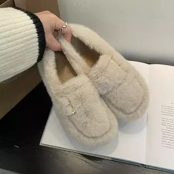 Интернет-знаменитости носят пушистые туфли на педалях для женской зимней одежды 2025 года, новые универсальные бархатные теплые туфли Doudou 35 хаки