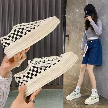 Интернет-знаменитости, парусиновые туфли на платформе, женская летняя повседневная обувь в шахматном стиле, универсальные туфли Harajuku Cookie 35 бежевый