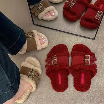 Интернет знаменитости повседневные туфли на плоской подошве с одной педалью для женщин 2024 года, новая одежда на осень и зиму, мягкая подошва, пряжка для ремня, хлопок, прилив 35 хаки