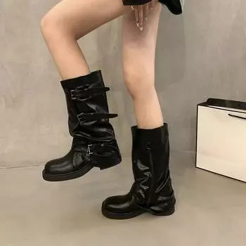 Интернет знаменитости ремень пряжка середина труба черные ворсовые сапоги женские весна и осень новые винтажные ковбойские сапоги в стиле вестерн брюки труба Мартин сапоги 35 чёрный