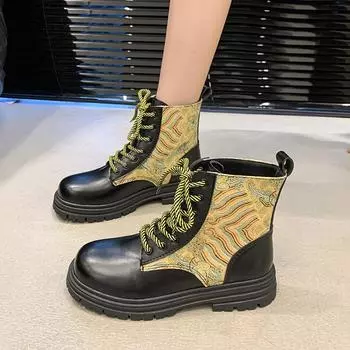 Интернет знаменитости шнуровка сращивание большой размер ботинки Martin 2025 осень и зима новые женские ботинки толстый каблук модные ботинки короткие ботинки 35 жёлтый