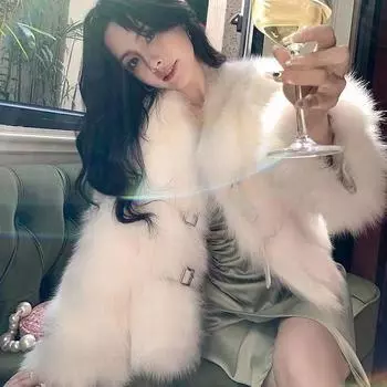 Интернет знаменитости шуба женская 2024 зима новый искусственный лисьий мех короткий круглый вырез мода утолщенный длинный мех топ S [Below 42.5 kg]
