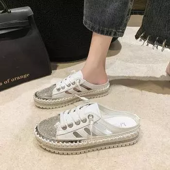 Интернет знаменитости стразы baotou половина драг женские 2025 лето новый плоский верх одежда ленивый без каблука повседневные тапочки женские 35 белый