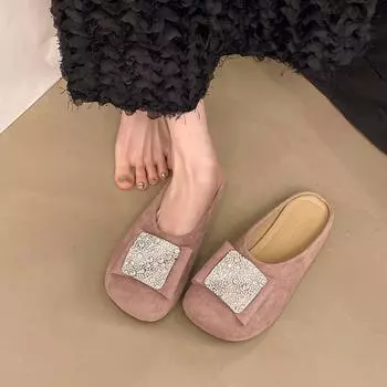 Интернет знаменитости сумка голова полутапочки женская верхняя одежда весна и лето 2025 новый французский стиль с одной педалью с юбкой стразы плоские туфли 35 розовый