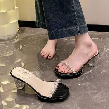 Интернет знаменитости супер огонь водонепроницаемый стол кристалл толстый каблук стразы высокие каблуки тапочки толстая подошва прозрачные классные тапочки женские 2024 новый 34