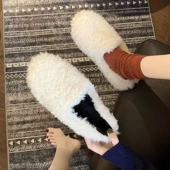 Интернет-знаменитости тапочки из овечьей шерсти женская одежда 2024 новые универсальные ленивые повседневные нескользящие шапочки на мягкой подошве 35 чёрный