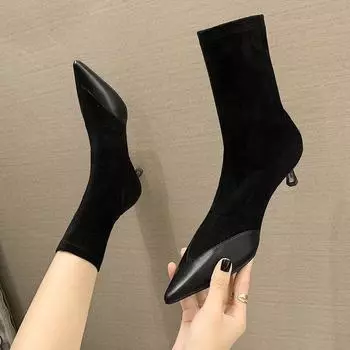 Интернет знаменитости тонкие сапоги женские 2025 осень и зима новые короткие сапоги на среднем каблуке шпильки высокие каблуки заостренные средние эластичные носки сапоги 35