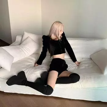 Интернет знаменитости узкие сапоги эластичные носки сапоги ретро квадратная голова маффин толстая подошва супер высокие чулки сапоги до колена 34 чёрный