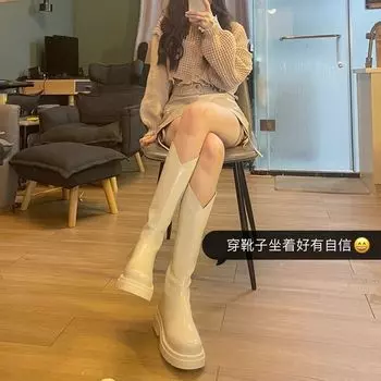 Интернет знаменитости узкие сапоги женские рыцарские сапоги на толстой подошве до колена 2025 осень и зима новые высокие белые ботинки Челси с V-образным вырезом 35