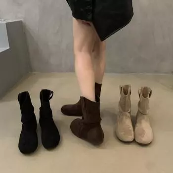 Интернет знаменитости взрыв ретро круглый нос плоские короткие сапоги женская обувь 2024 осень и зима куча вестерн ковбойские сапоги рыцарские сапоги 35 абрикосовый