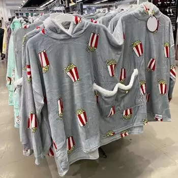 Интимная пижама для пар с капюшоном и принтом попкорна с двойным карманом из плотного плюша, длинная