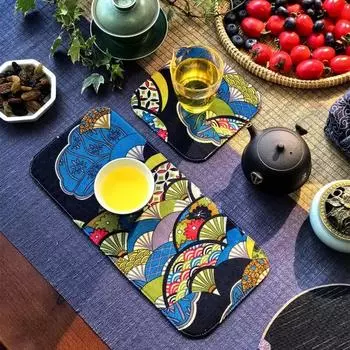 Introduction Cotton and Linen Thickened Print Tea Mat Fabric Table Runner Absorbent Tea Cloth Tea Cup Mat Zen Chinese Style Retro Ethnic Style Fanning 15*15cm one