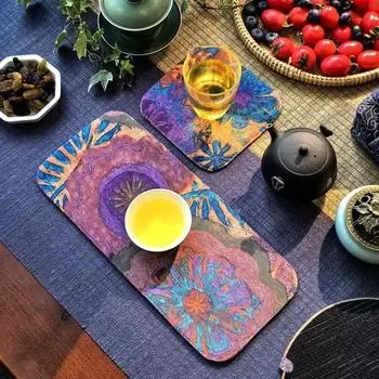 Introduction Cotton and Linen Thickened Print Tea Mat Fabric Table Runner Absorbent Tea Cloth Tea Cup Mat Zen Chinese Style Retro Ethnic Style Retro blue purple Florals 15*15cm one