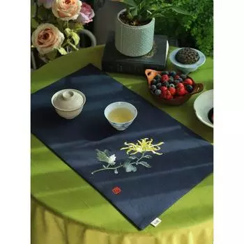 Introduction Embroider Wisteria Tea Mat Cotton Linen Tea Mat Fabric Gift Retro Tea Cloth Chinese Tea Mat Dry Pour Tea Ceremony Artsy Navy blue longevity Embroider 30*50cm