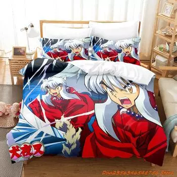 Inuyasha Bedding Set Single Twin Full Queen King Size Bed Set Adult Kid Bedroom Duvetcover Sets 3D Print Anime Bed Sheet Set AU Single(140x210cm)