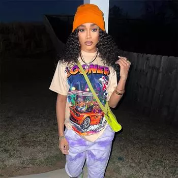 Inwoman Женская летняя мода 2024 года с принтом, круглым вырезом и коротким рукавом, футболка-топ L абрикосовый