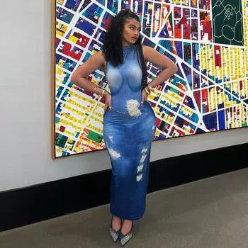 Inwomen Модное джинсовое платье с принтом Slim Fit L синий