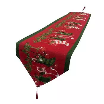 Inyahome Christmas Socks Pattern Jacquard Table Runner with Tassels Table Cloth for Christmas Dinner Party Home Decorations jacquard&33x180cm