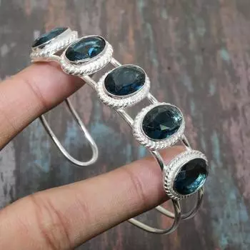 Иолит Кварц Драгоценный камень ручной работы Твердый стерлингового серебра 925 пробы Ювелирный браслет-манжета Регулируемый Adjustable зелёный