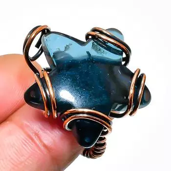 Кольцо из драгоценного камня кварца иолита ручной работы с медной проволокой, размер 6,5