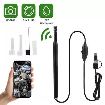 IP67 Водонепроницаемая 6 светодиодная визуальная камера Инструменты для диагностики автомобилей Инструменты для ремонта 3 в 1 Автомобильный промышленный эндоскоп Type-C 720P пикселей Универсальный Black