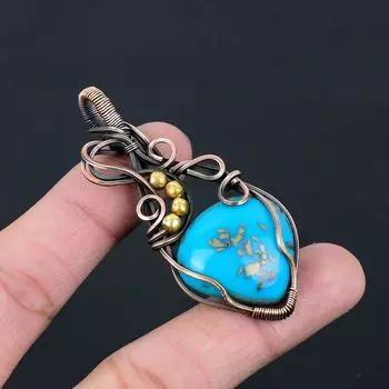 Иранский бирюзовый драгоценный камень Чистая медная проволока Обернутая ювелирная подвеска ручной работы 2.68 синий