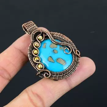 Иранский бирюзовый драгоценный камень из чистой медной проволоки, завернутый в кулон ручной работы, ювелирный подарок для нее 2.24 Inches синий