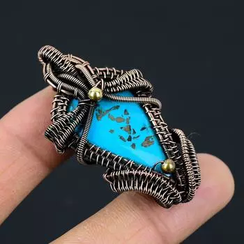 Иранский бирюзовый драгоценный камень, медная проволока, подвеска ручной работы, ювелирный подарок для любви 2.08 Inches синий