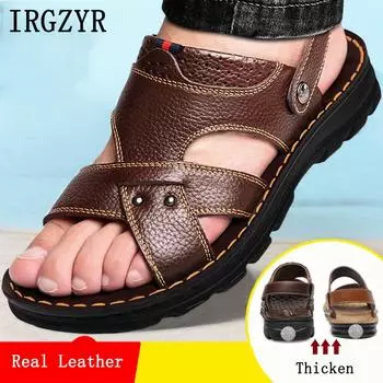 IRGZYR летние мужские кожаные сандалии мужские пляжные туфли на толстой подошве нескользящие сандалии из воловьей кожи с открытым носком 38 чёрный
