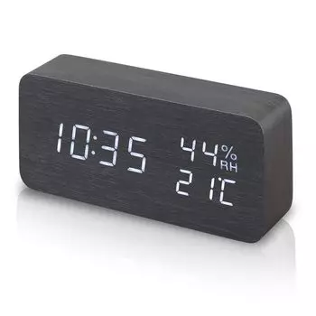IRIS OHYAMA Alarm Clock Digital Brightness Adjustment Display Table Clock Equipped with Power Saving Mode Wood Grain Design Multifunctional Type Black