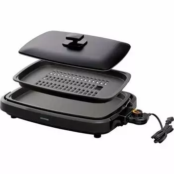 Iris Ohyama Hot Plate, Smoke Resistant, Large Yakiniku Plate, 2 Flat Plates, Healthy, with Lid, Black APA-136-B