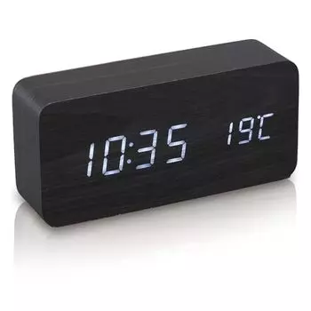 Iris Ohyama ICW-01W-B Alarm Clock, Digital Temperature and Date Display, Table Clock, Power Saving Mode, Wood Grain Design, Black