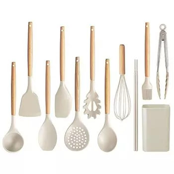 Iris Ohyama KT-11SS венчик, кухонные принадлежности с подставкой для удобного хранения, прочный силиконовый материал, лопатка, половник, щипцы, серый