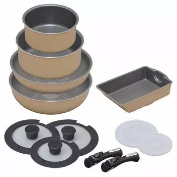 IRIS OHYAMA Набор из кастрюли и сковороды, 12 предметов, только для газовой плиты, легкий, съемная ручка, сковорода с алмазным покрытием, бежевый/мрамор, GSN-SE12 бежевый