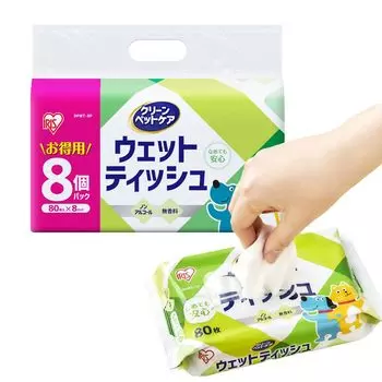 Влажные салфетки для домашних животных Iris Ohyama, безопасные для облизывания, 80 листов x 8 упаковок, безалкогольные, DPWT-8P [640 листов]