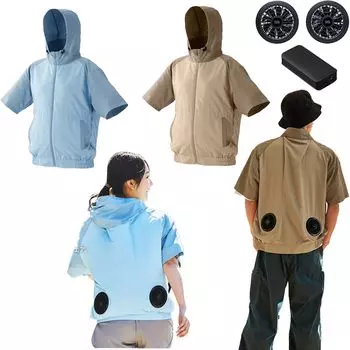 [IRIS OHYAMA] Повседневный комплект Cool Wear с вентилятором для кондиционирования воздуха, Предотвращение теплового удара, Короткий рукав, Синий (закрытый), M