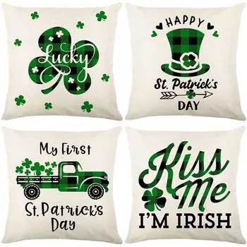Irish Day Cushion St. Patrick s Day Cushion Green Plaid Four-leaf Clover Sofa Cushion Does Not Include Pillow Core 45*45cm